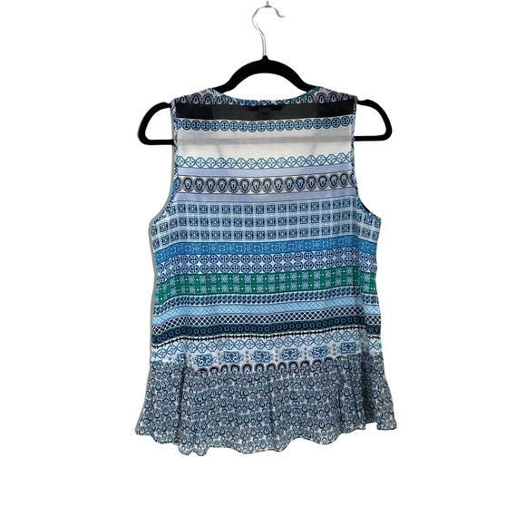 DVF Kenna Cotton Silk Blend Green & Blue Patterned Sleeveless Top Ruffle Hem - Picture 2 of 7